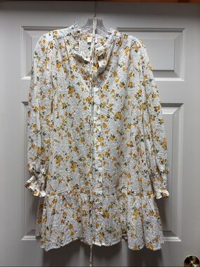 FATE White Floral Button-Front Dress Yellow Roses eyelet lace ruffle SMALL